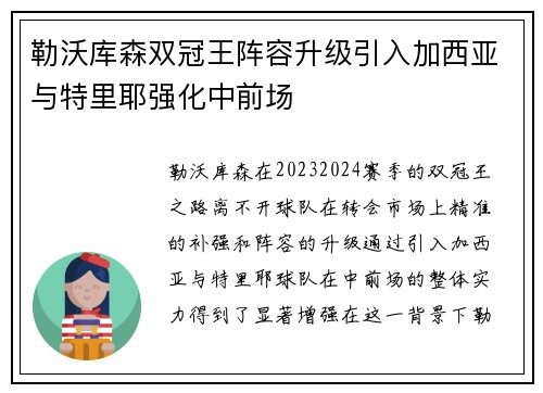 勒沃库森双冠王阵容升级引入加西亚与特里耶强化中前场