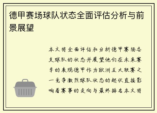 德甲赛场球队状态全面评估分析与前景展望
